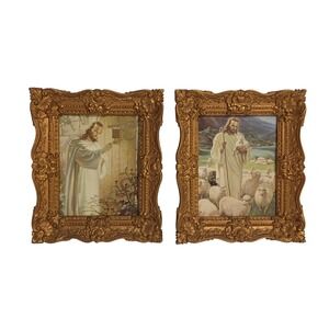 Burwood Jesus Pictures Pair Gold Framed Wall Art Vintage 1980s 6.5", Cottagecore